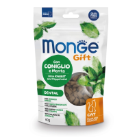 Monge Gift Dental лакомство для кошек "Хрустящие подушечки с начинкой" со свежим мясом кролика и перечной мятой для чистки зубов 60 г